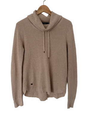 RALPH LAUREN BEIGE COWL NECK WAFFLE KNIT 100% COTTON SWEATER W/CURVED HEM, MED